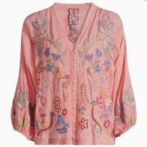 NWT Johnny Was Luna Embroidered Floral Blouse Sz S/M Pink Salmon Rose
